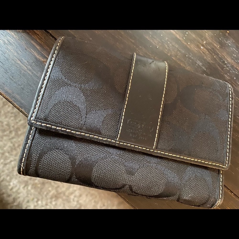 New never used Black Monogram Coach trifold wallet